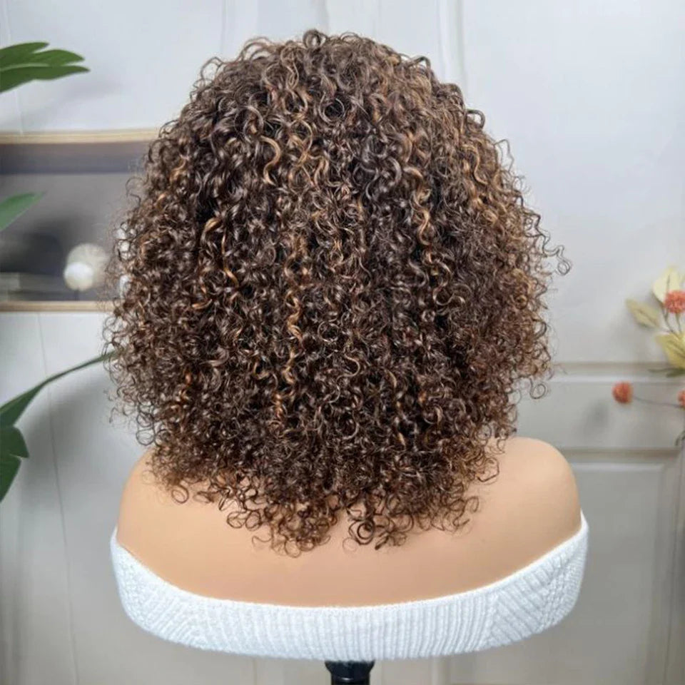 Highlight Honey Blonde Jerry Curly Pixie Bob Wig with Bangs | Full Machine Made Human Hair