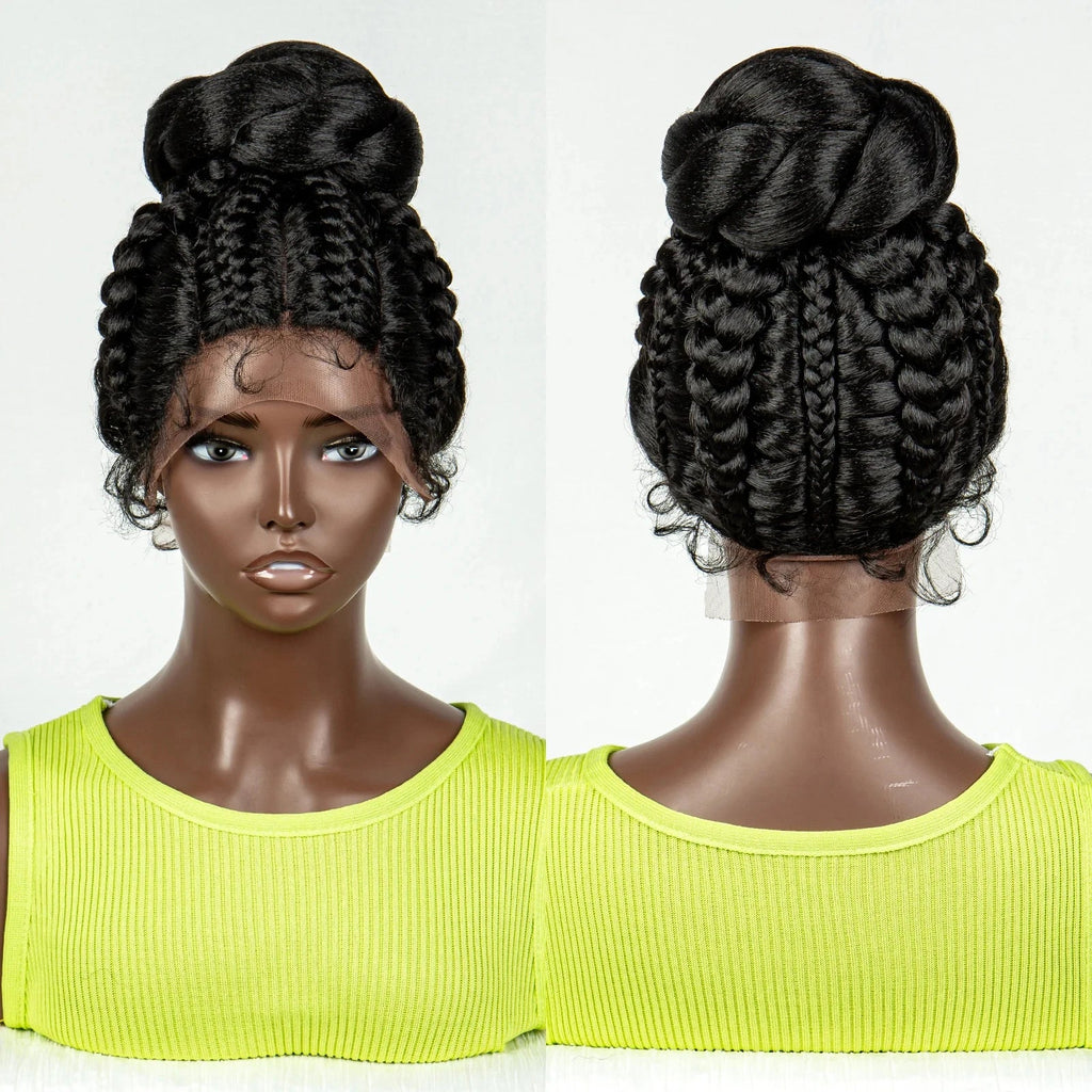 Bun Updo Knotless Box Braids Wig | Cornrow Ponytail | Lace Front | Baby Hair
