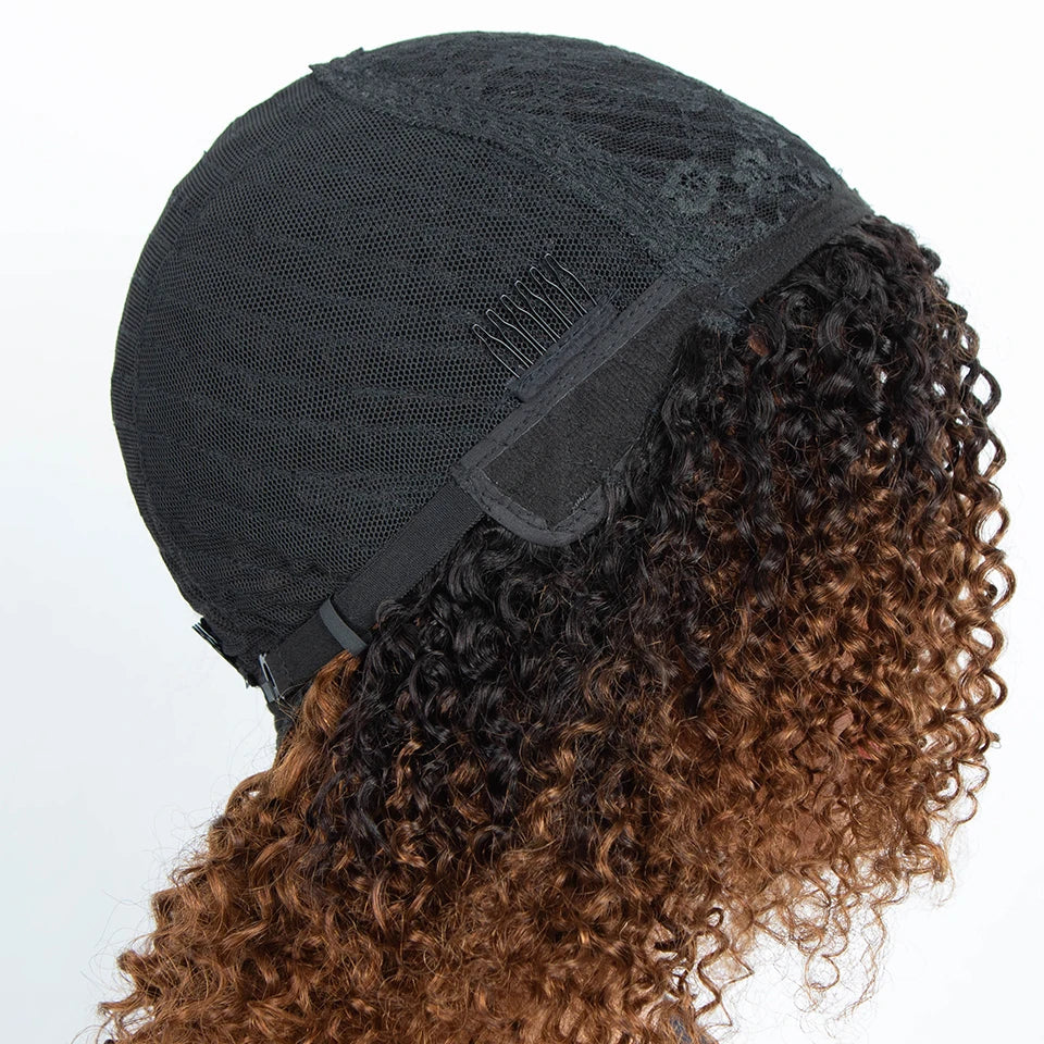 Ombre Highlight Afro Kinky Curly Human Hair Bob Wig | Full Machine Made Brazilian Remy
