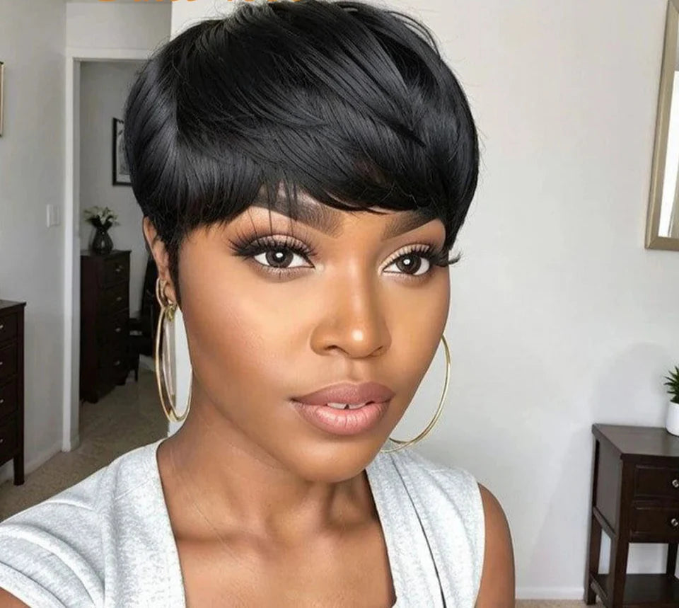 Rebecca Burgundy Red & Blonde Pixie Bob Wig | Short Straight Glueless Human Hair with Bangs