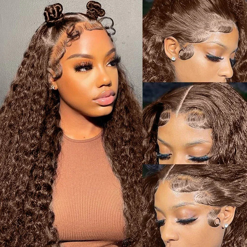 Chocolate Brown Deep Wave Frontal Wig | 13x4 HD Transparent Curly Lace Front Human Hair Wig (Bleached, Brazilian Brown Colored)