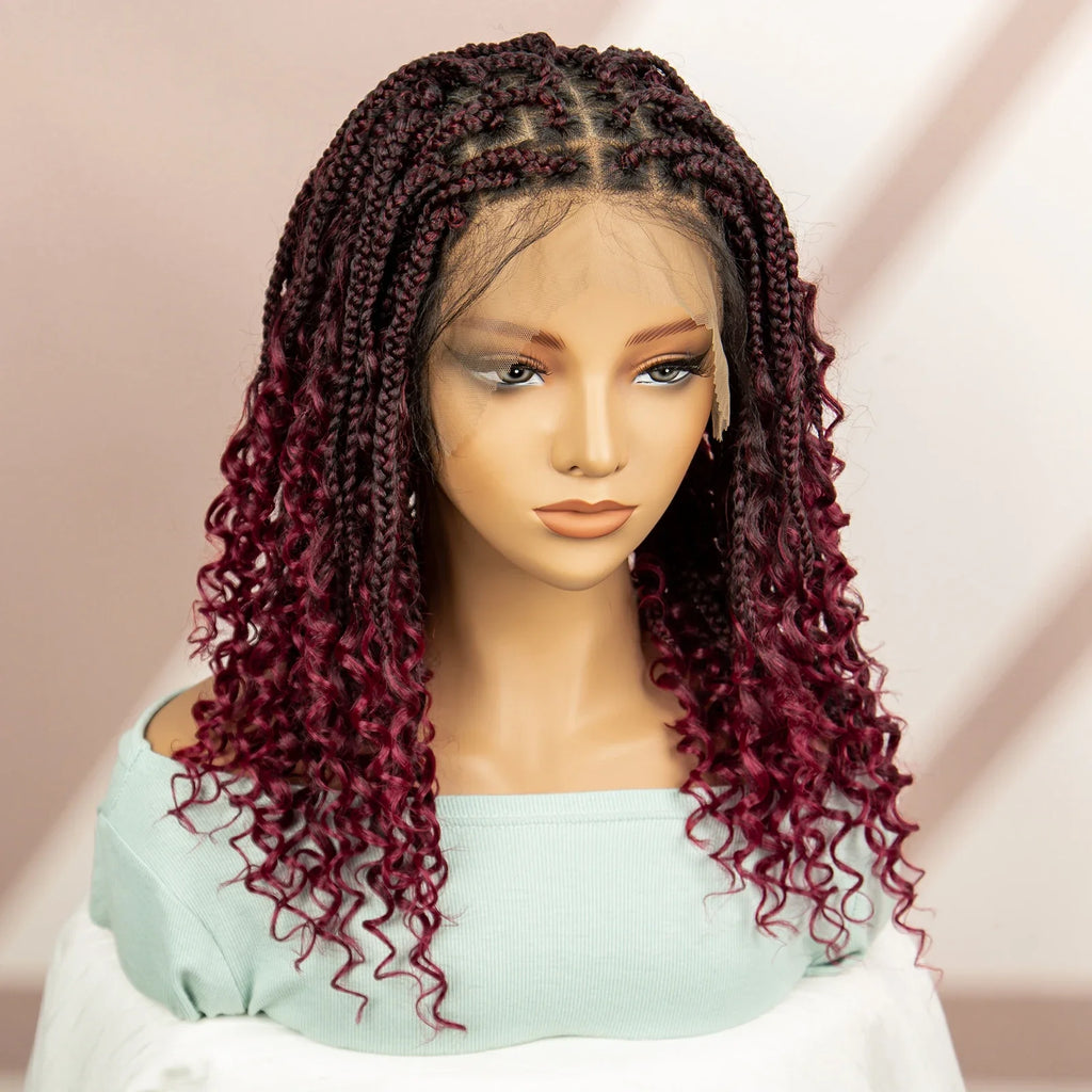 Burgundy Knotless Box Braids Wig with Curly Ends | Full Lace