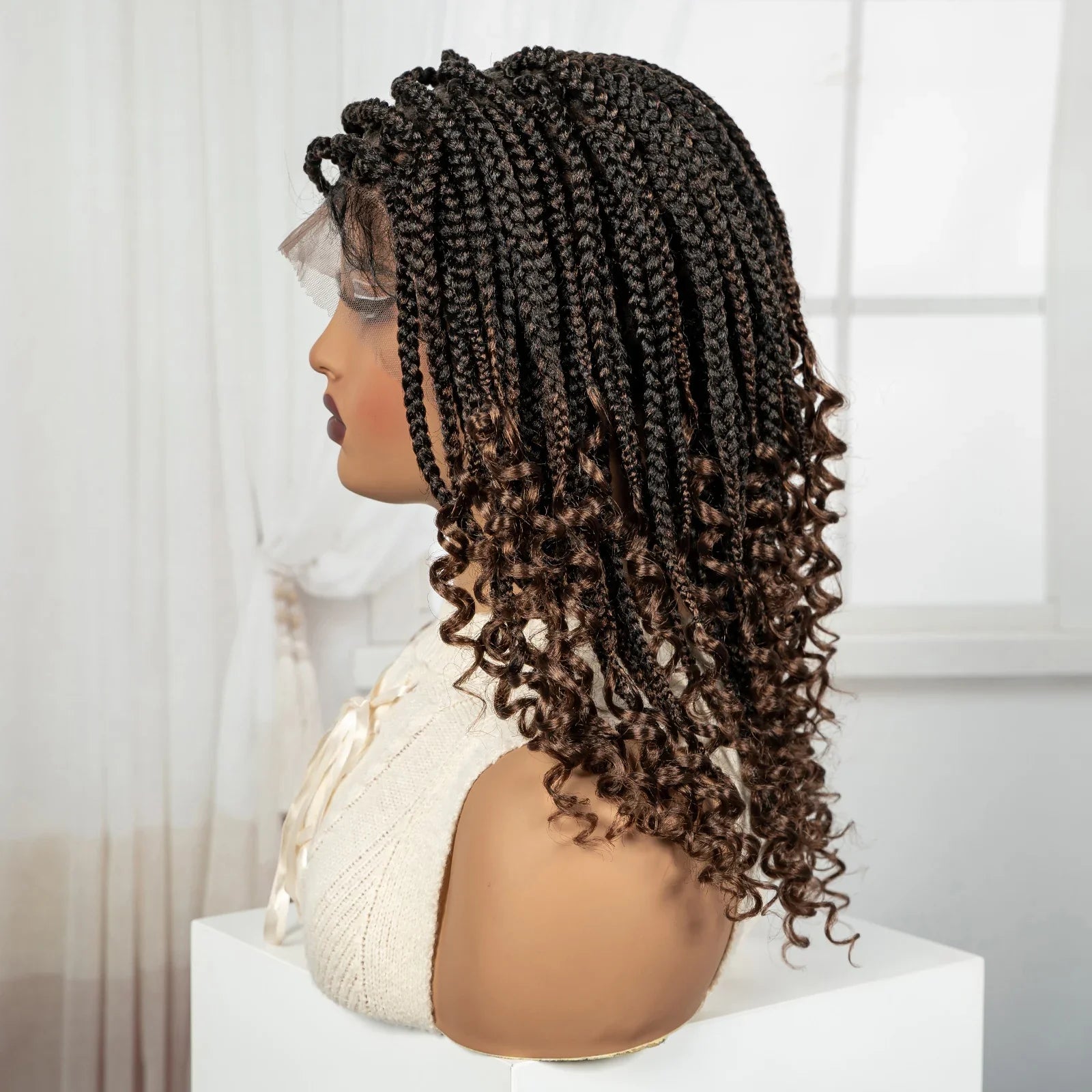 Ombre Boho Knotless Braids Bob Wig with Curly Ends | Full Lace