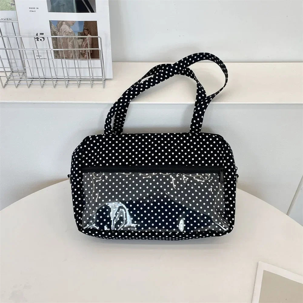 Y2K Ulzzang Ita Bag for Women | Trendy Polka Dot Canvas Shoulder & Underarm Tote (Transparent Pocket, Youth Fashion)