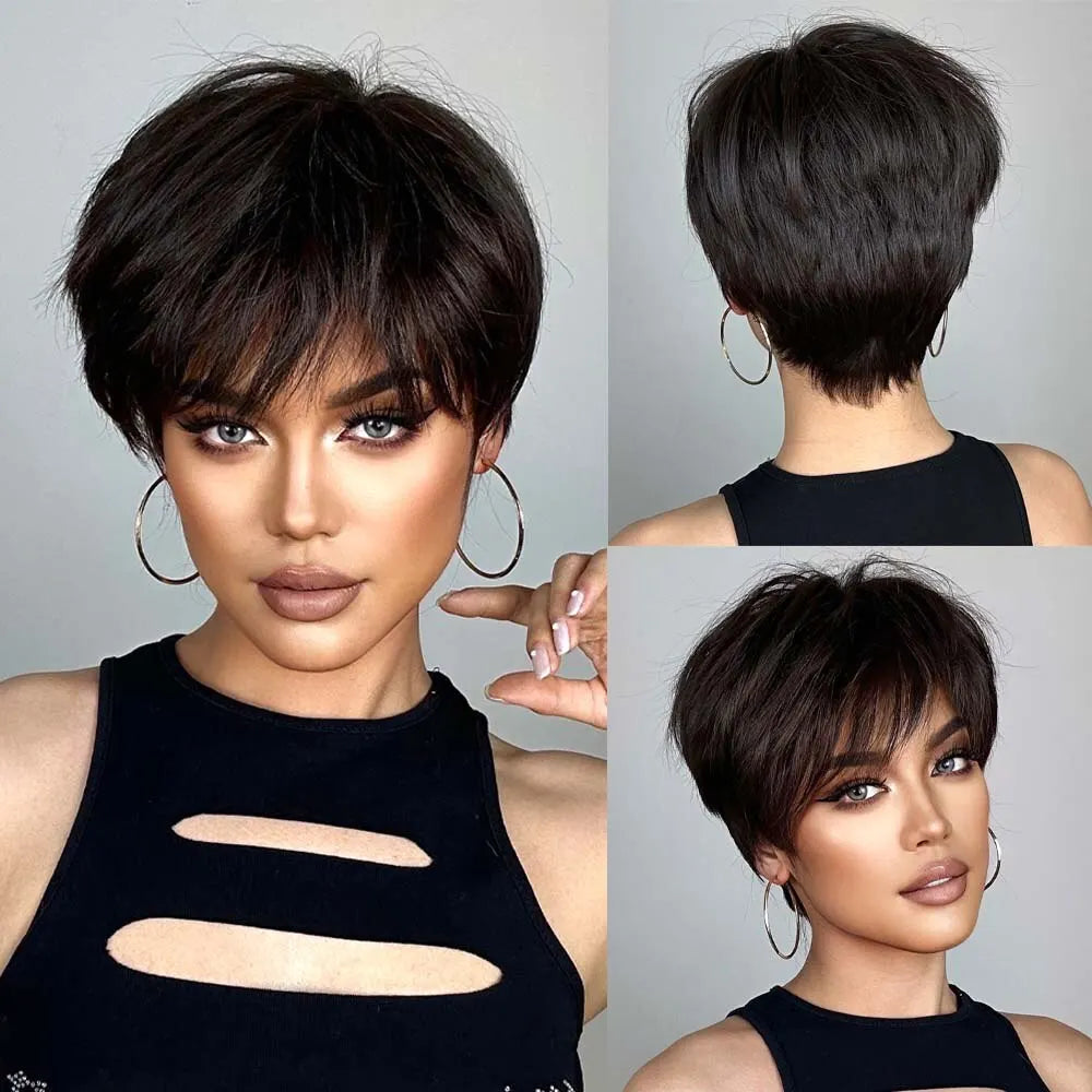 Natural Black Pixie Cut Wig with Fluffy Bangs | Short Layered Heat-Resistant Synthetic Hair for Daily Wear