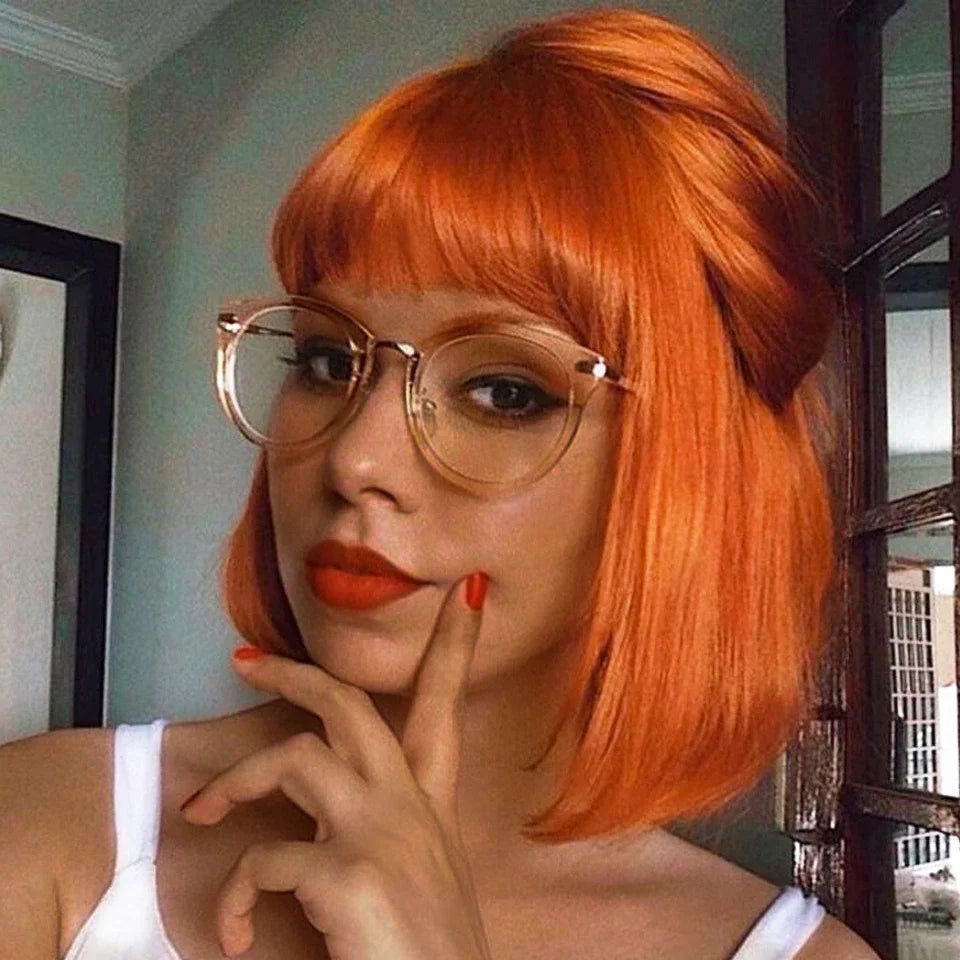 Rebecca Orange Blonde & 99J Red Straight Bob Wig with Bangs | Human Hair Machine Made