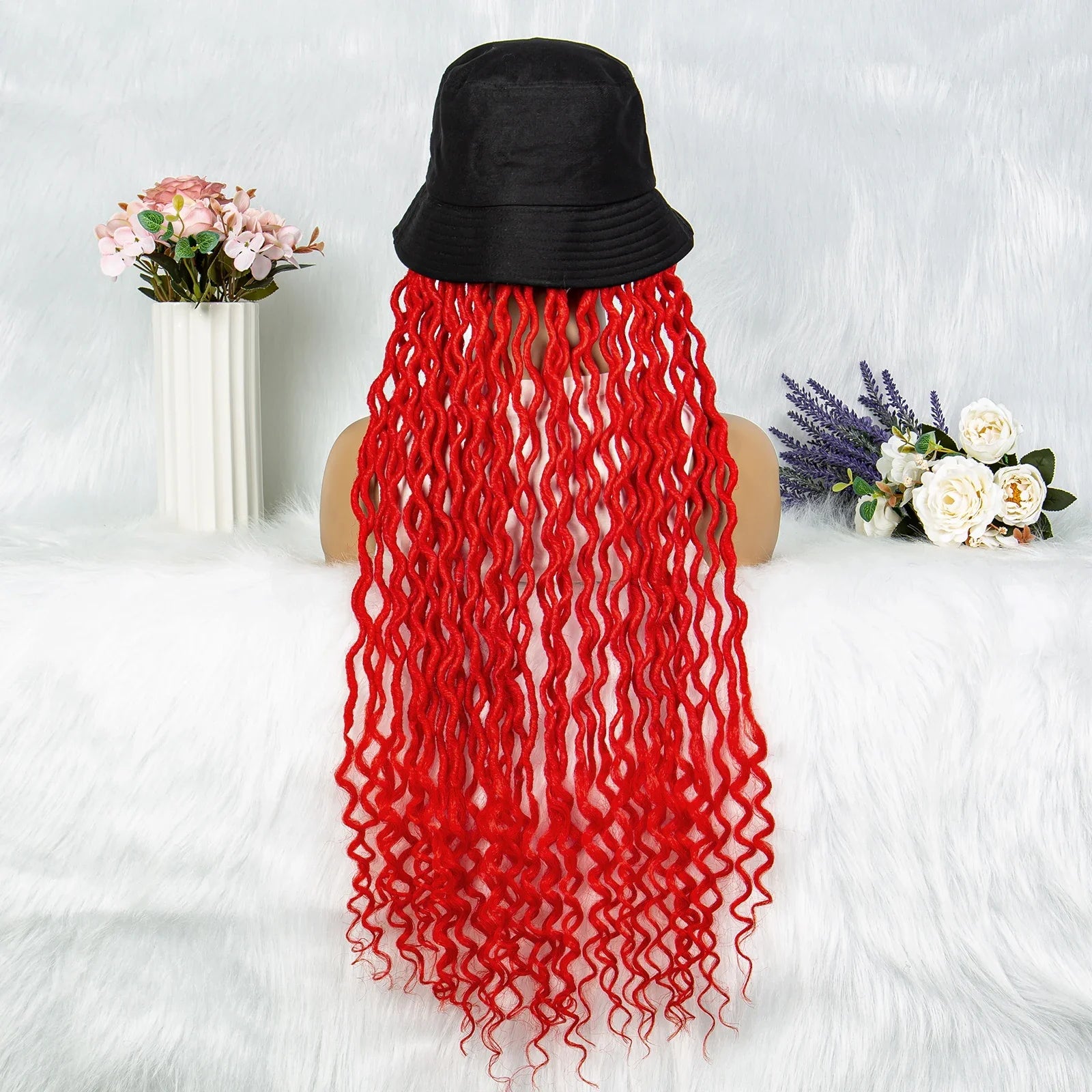 30" Crochet Afro Dreadlocks Bucket Hat Wig | Synthetic Braided Hair | Curly Ends | Black Women