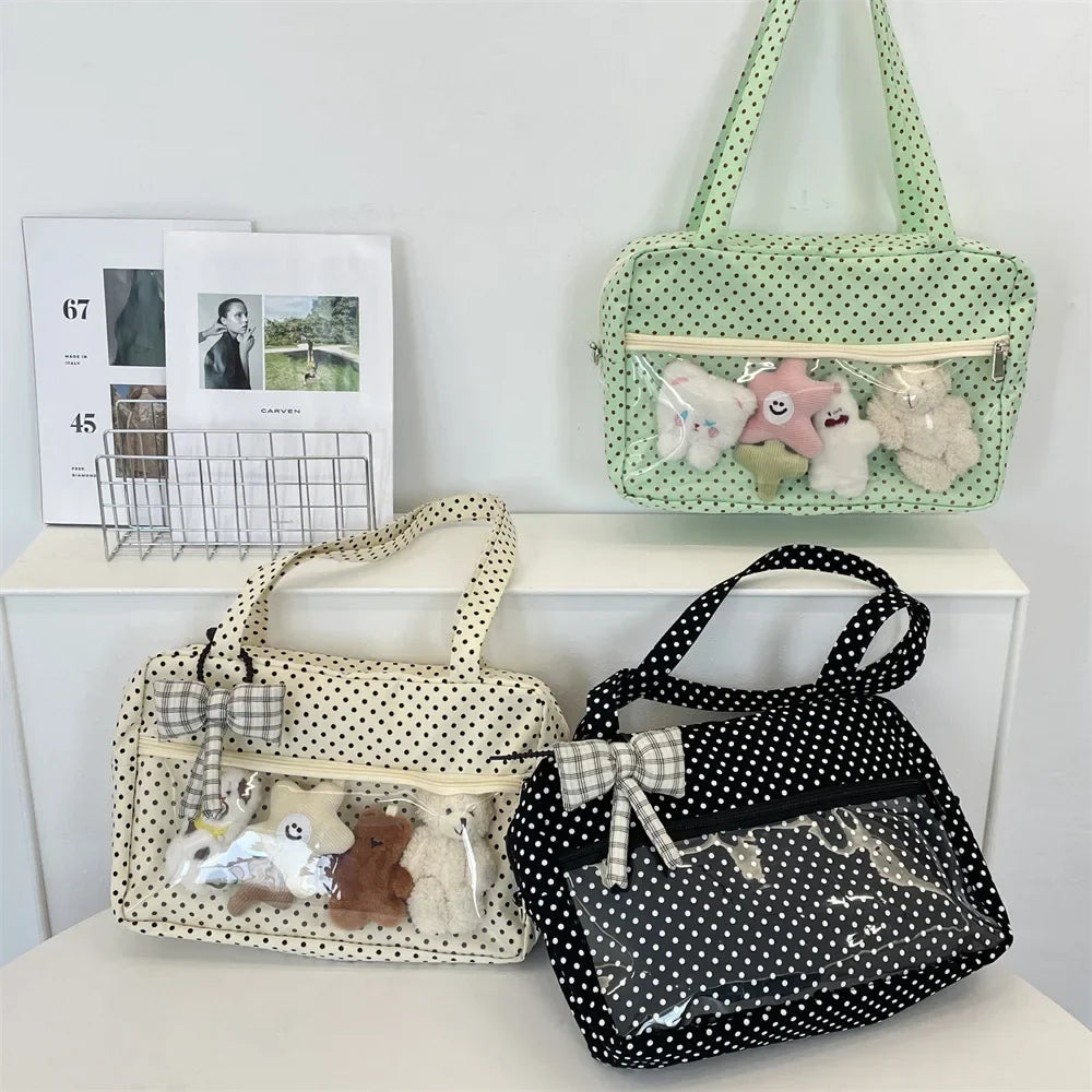 Y2K Ulzzang Ita Bag for Women | Trendy Polka Dot Canvas Shoulder & Underarm Tote (Transparent Pocket, Youth Fashion)