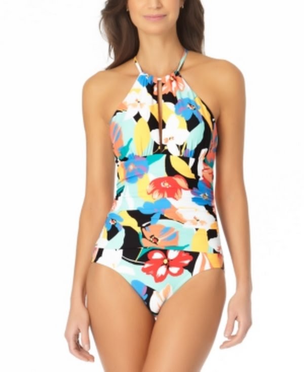 Anne Cole Womens Multi Color Printed High-Neck One-Piece Swimsuit, Size 14
