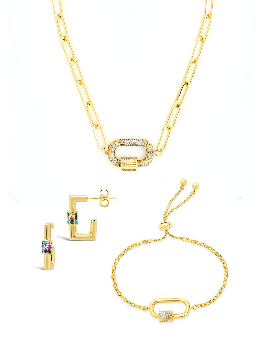 Pave CZ Carabiner Linked Lock Necklace Bundle