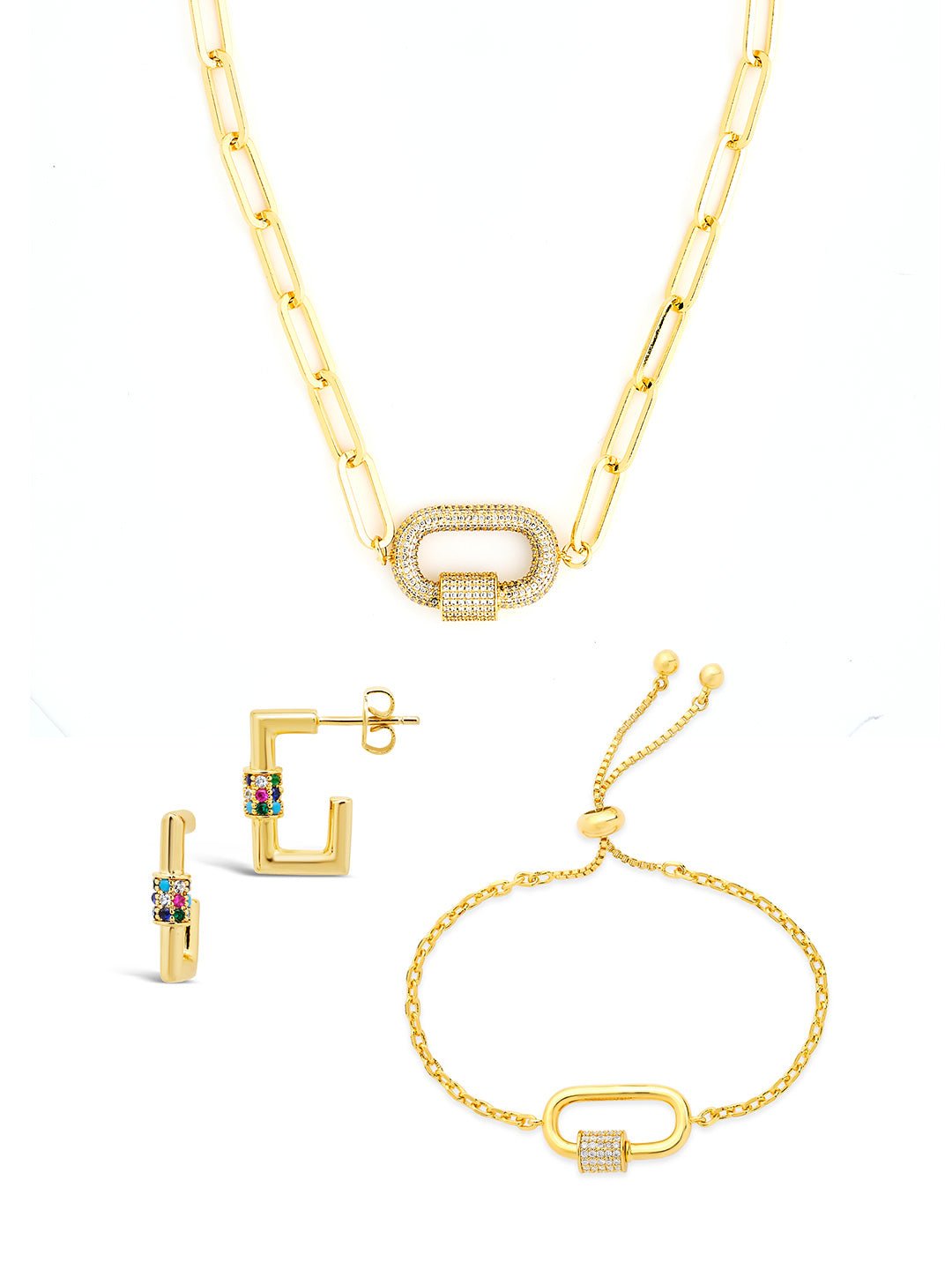 Pave CZ Carabiner Linked Lock Necklace Bundle