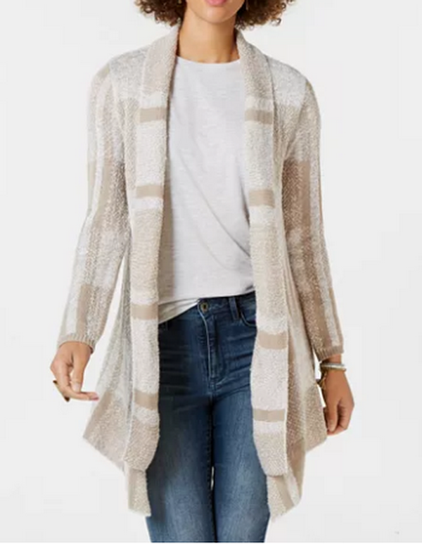 Style & Co Petite Plaid Boucle Cardigan, Size PL