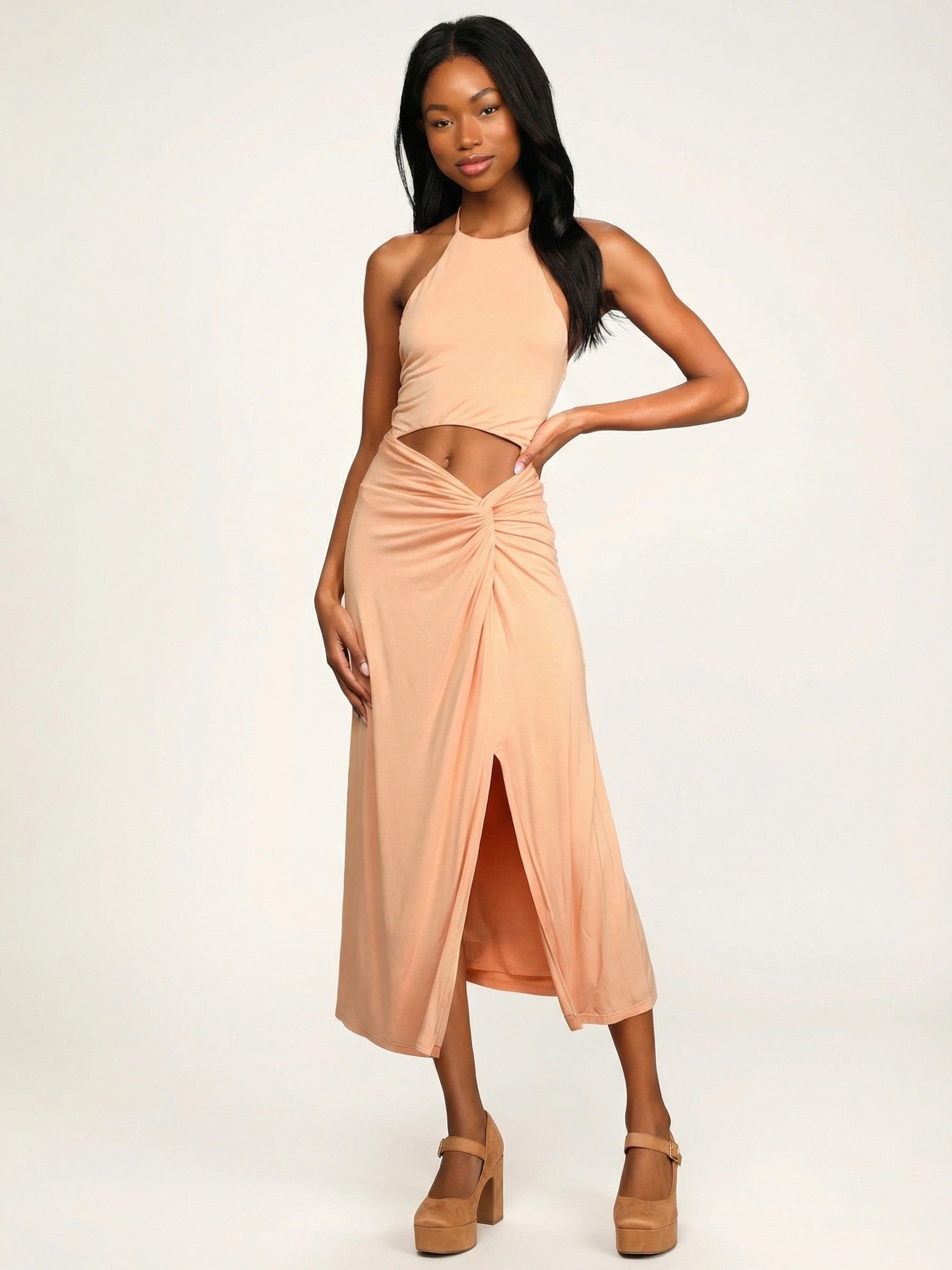 Lulus Top of the Trends Peach Twist-Front Cutout Halter Midi Dress, Size Large
