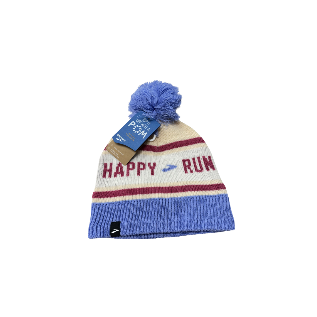 BROOKS Run Happy Heritage Pom Beanie Logo Blue Sand One Size Fits All