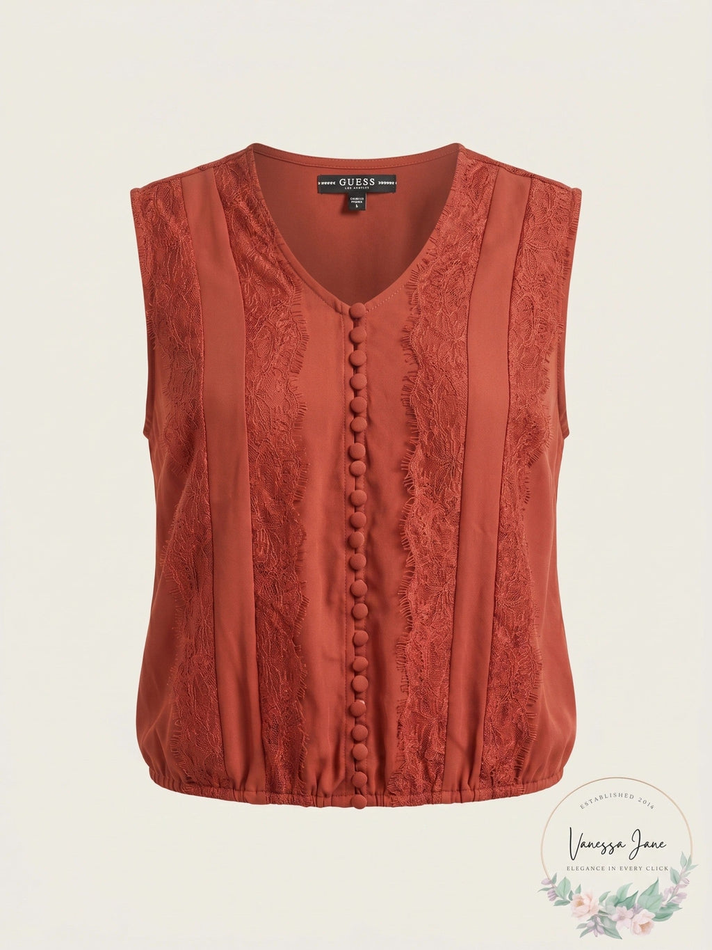 Guess Womens Brown Lace Patterned Cap Sleeve V Neck Crop Top, Size Large