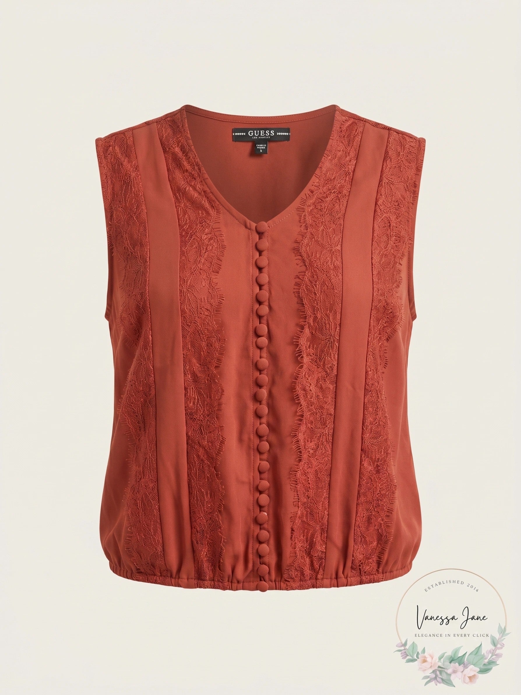 Guess Womens Brown Lace Patterned Cap Sleeve V Neck Crop Top, Size Large
