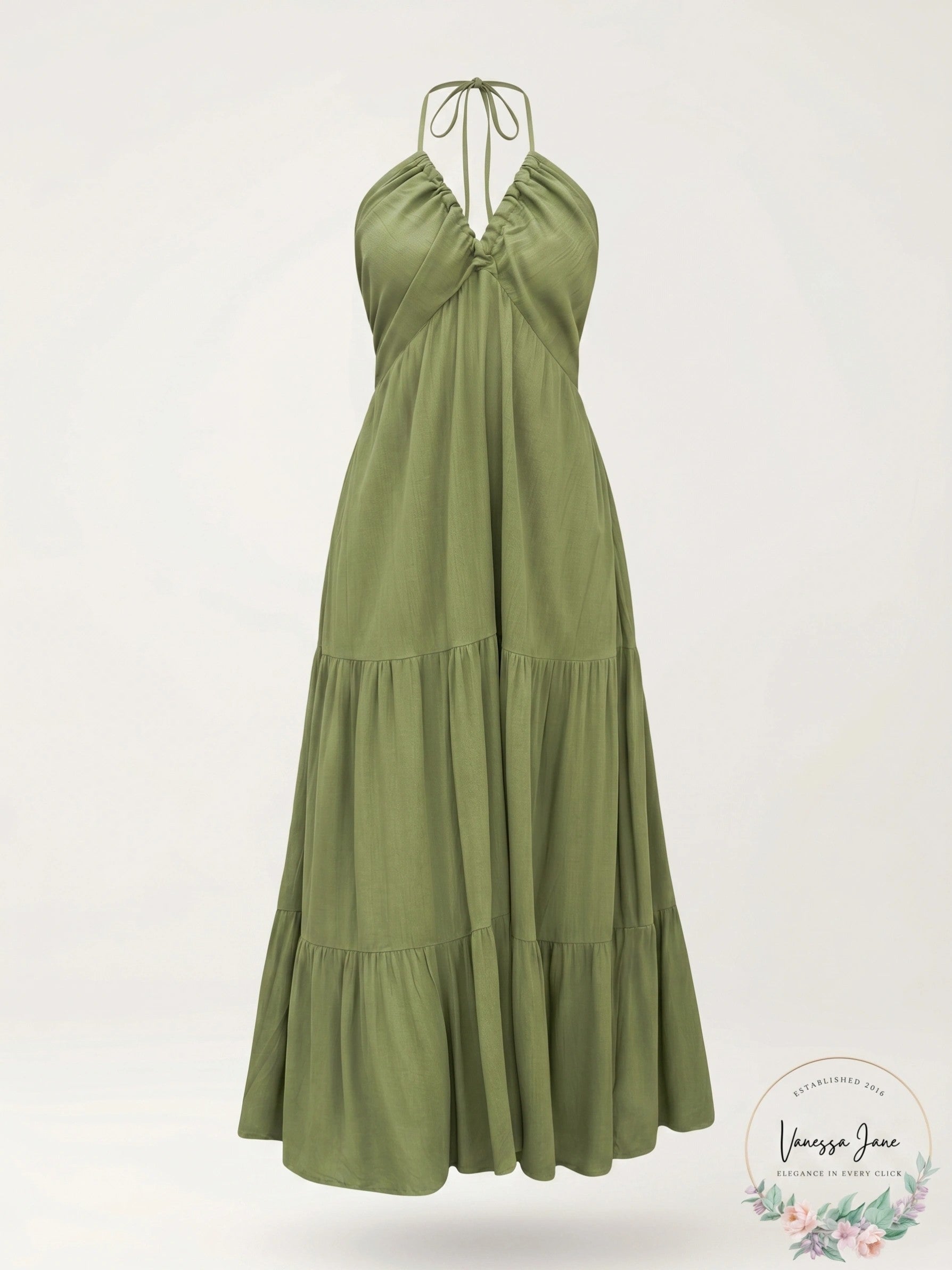 Cupshe Womens Olive Green Notched Neck Halter MIDI Beach Dress, Medium