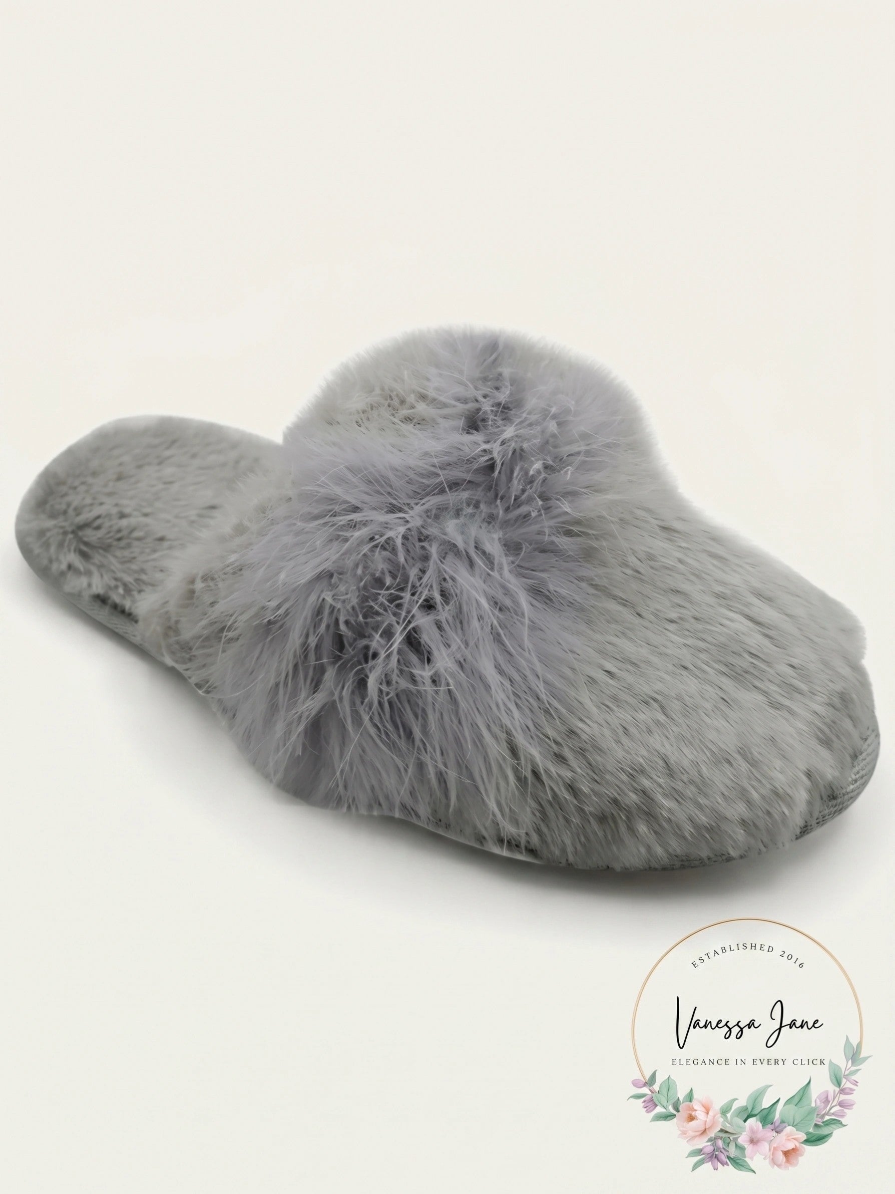 Jenni Critter Cat Ears Faux-Fur Scuff Womens Slide Slippers – Grey- Small(5–6)