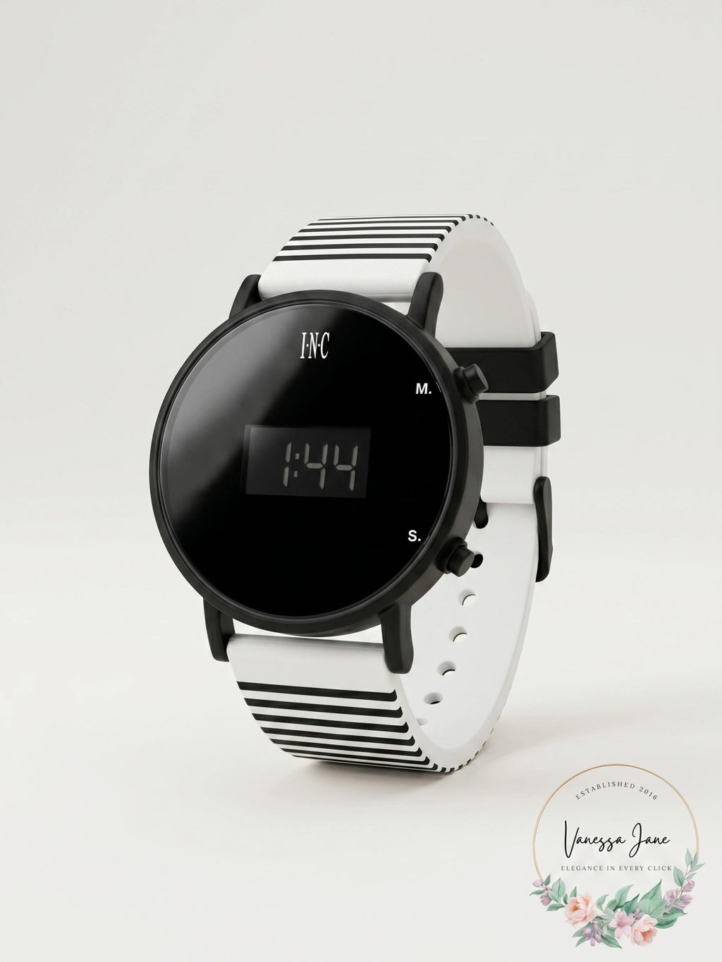 I.N.C. Womens White Striped Silicone Strap Watch 39mm
