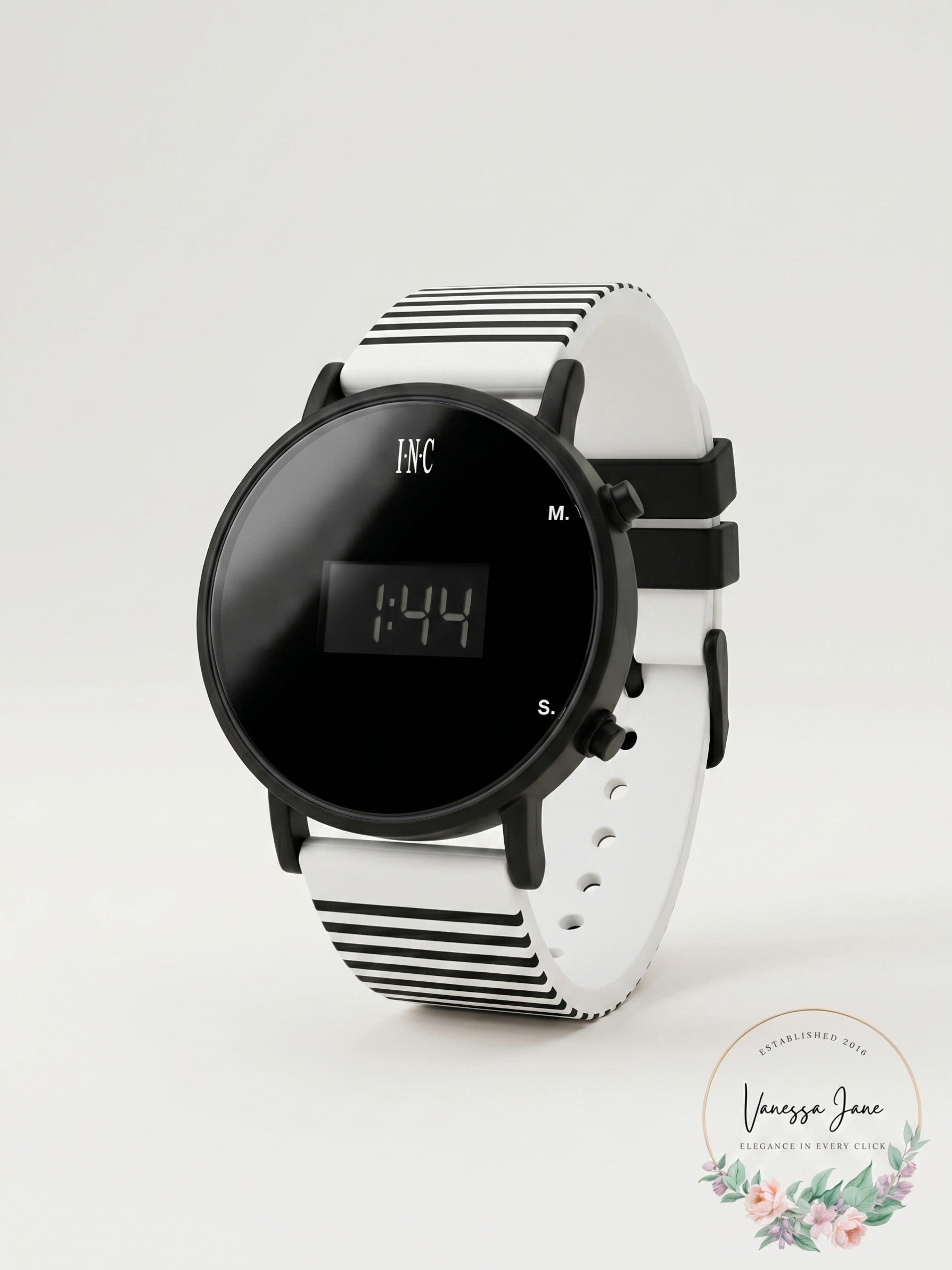 I.N.C. Womens White Striped Silicone Strap Watch 39mm