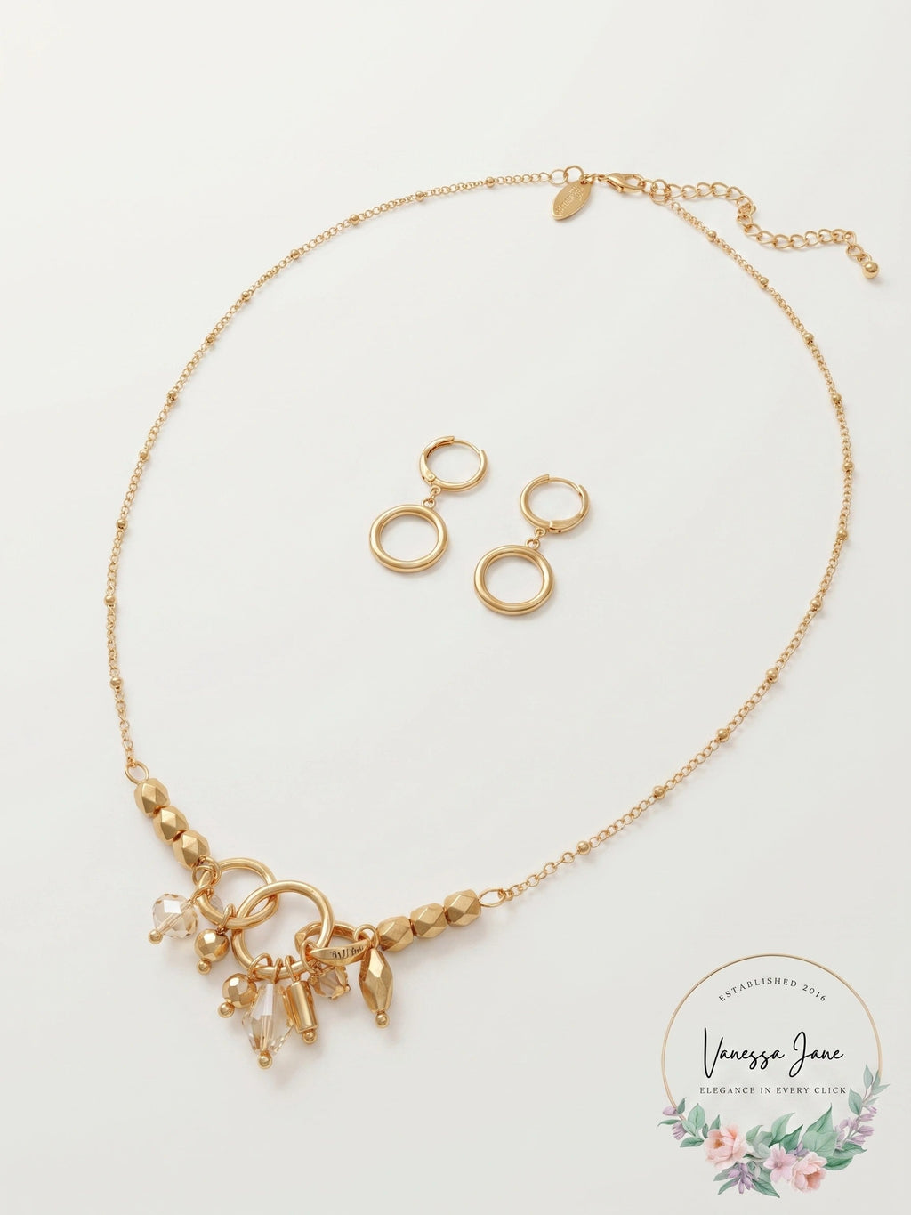 Style and Co Gold-Tone Beaded Charm Hammered Ring Statement Necklace and Earring