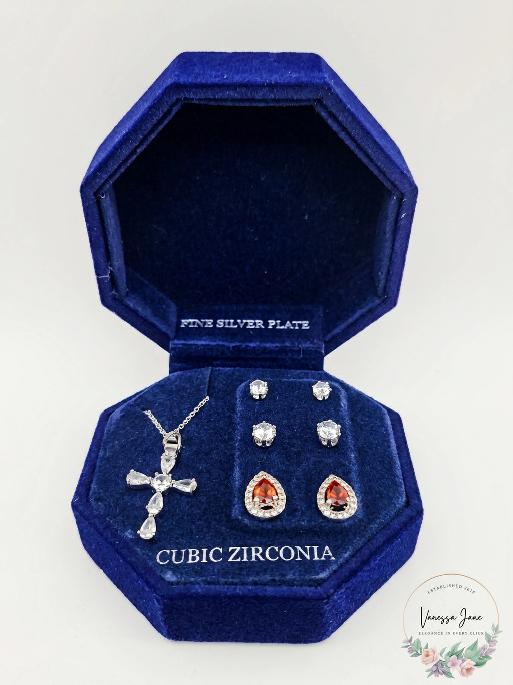 Cubic Zirconia Cross Pendant Necklace and 3-PC. Stud Earrings Set