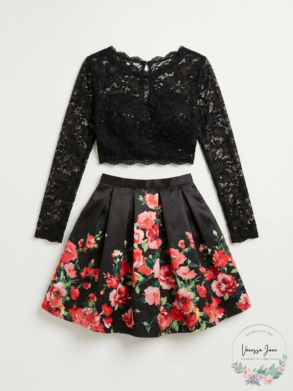 Juniors Sequin Hearts Long Sleeve 2pc. Lace/Floral Mikado Skirt, Size 11/12