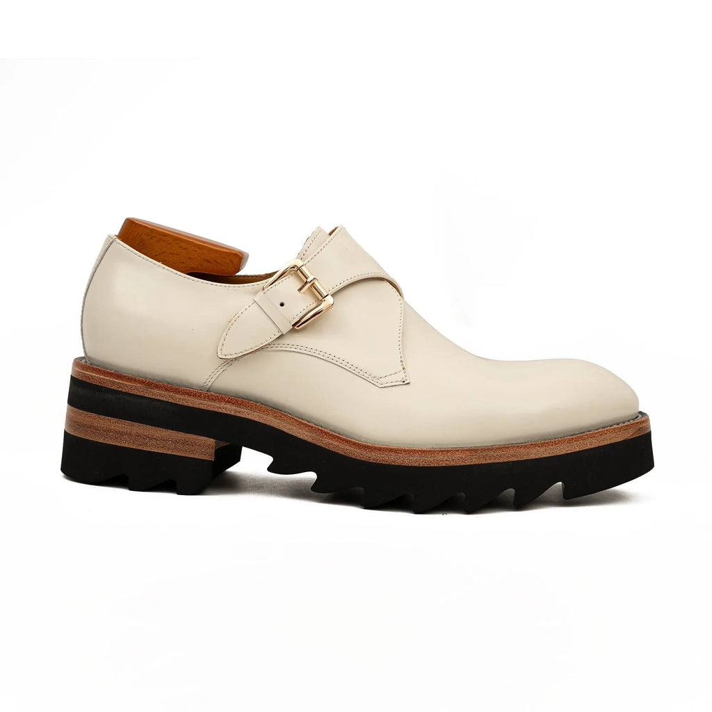 White Leather Monk Strap Shoes with Chunky Soles