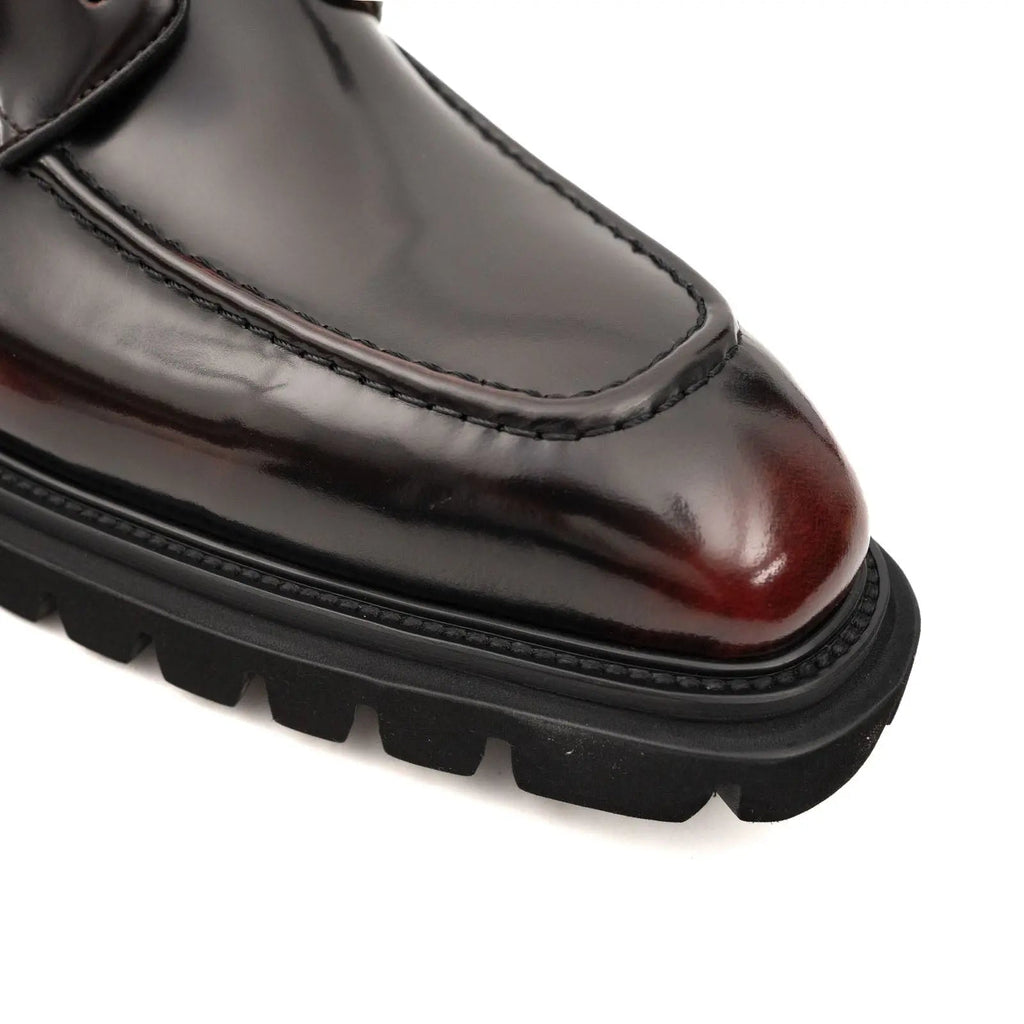 Wine Patent Lug Sole Ankle Boot