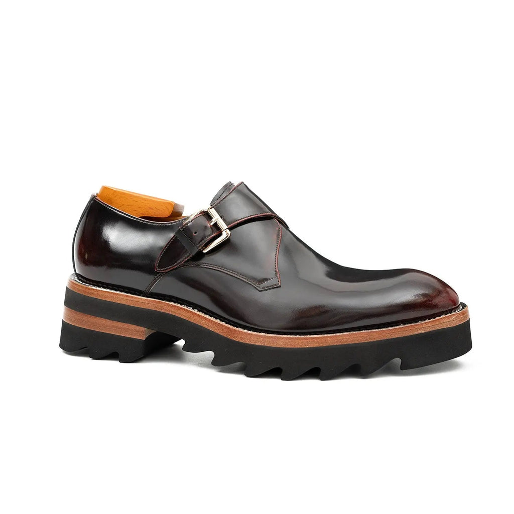 Wine Red Leather Monk Strap Shoes with Chunky Soles