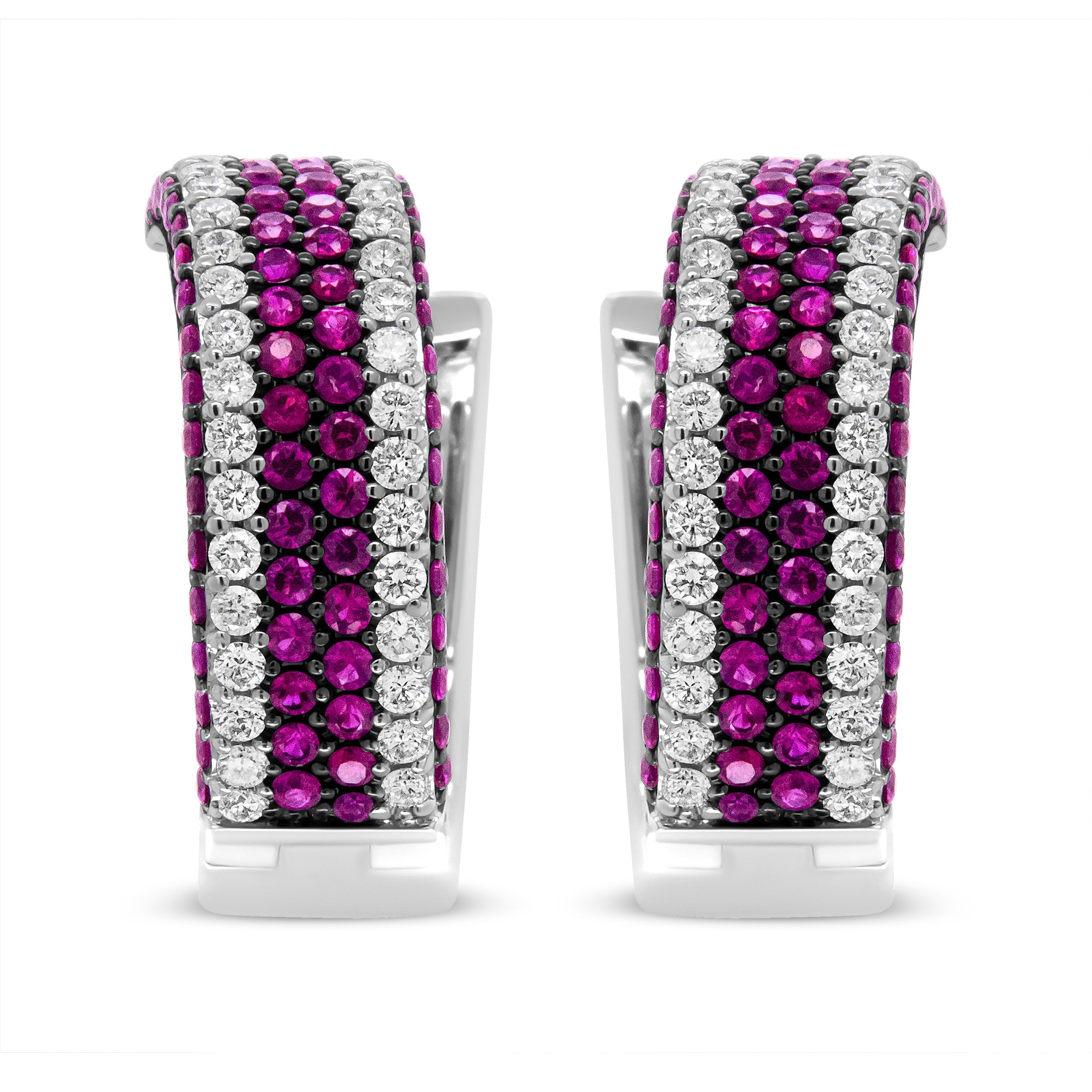 18K White Gold 1 7/8 Cttw Diamond and 1mm Round Red Ruby Open Swish Hoop Earrings (F-G Color, VS1-VS2 Clarity)