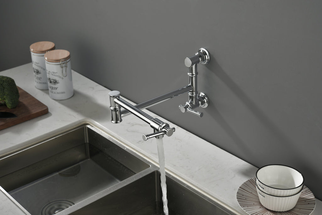 Wall mounted Pot Filler Faucet, Modern Brass Pot Filler Two-Attachment Wall Mount Folding Kitchen Pot Filler Swing Arm