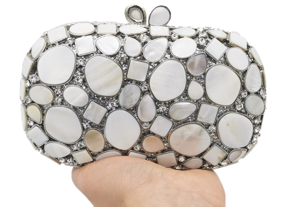 Metallic Shell Evening Clutch Bag with Rhinestones