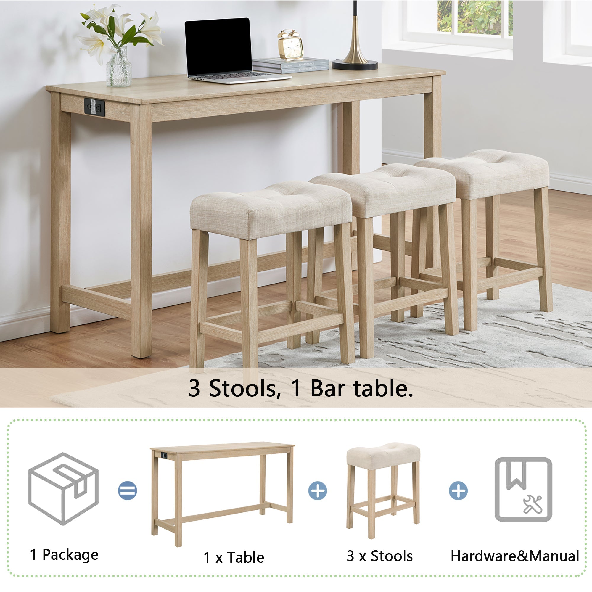 4 Piece Bar Table Set with Power Outlet,Bar Table Set with Chairs,Sofa Bar Table with Stools,Behind Couch Table with 3 Padded Stools for Living Room,Dining room, Light Oak