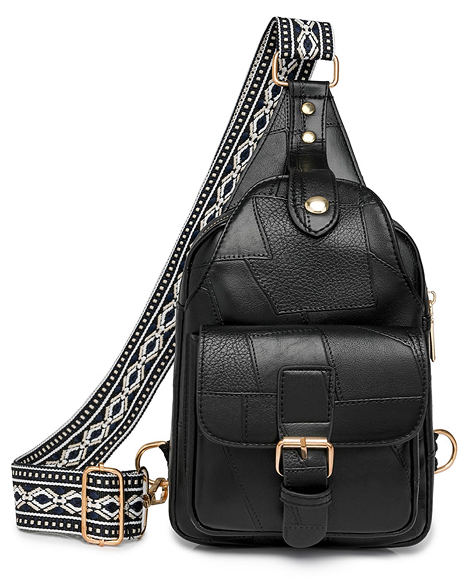 Crossbody Bags for Women Small Leather Sling Bag for Women Fanny Packs Chest Bag With Guitar Strap (Black)