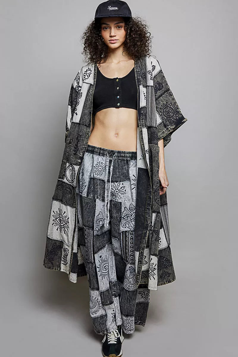 POL Open Front Printed Patchwork Longline Cardigan