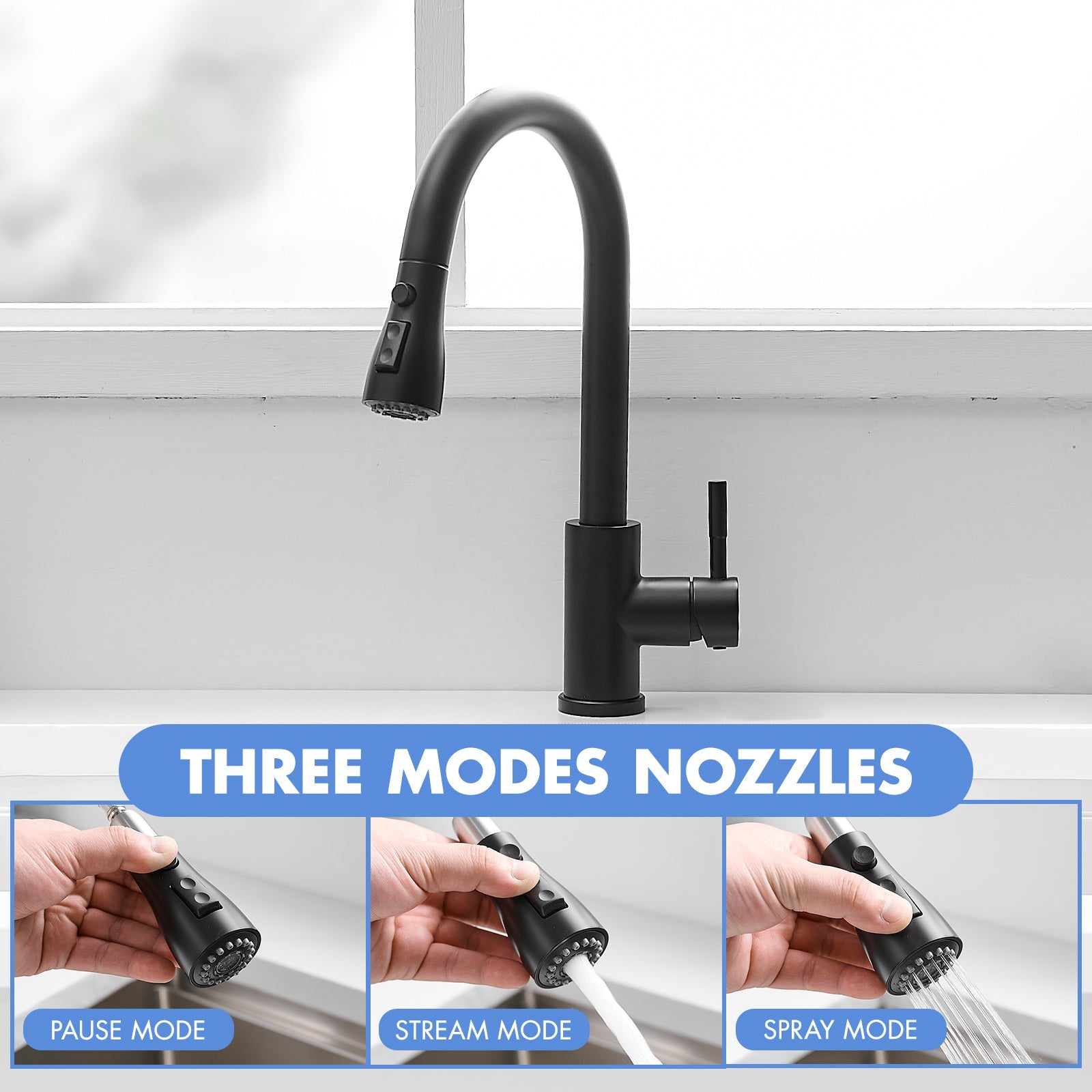 Kitchen Sink Faucet, Black Kitchen Faucets with Pull out Sprayer Stainless Steel Kitchen Faucet