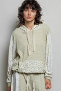 POL Mixed Knit Contrast Print Sleeve Hoodie with Kangaroo Pocket
