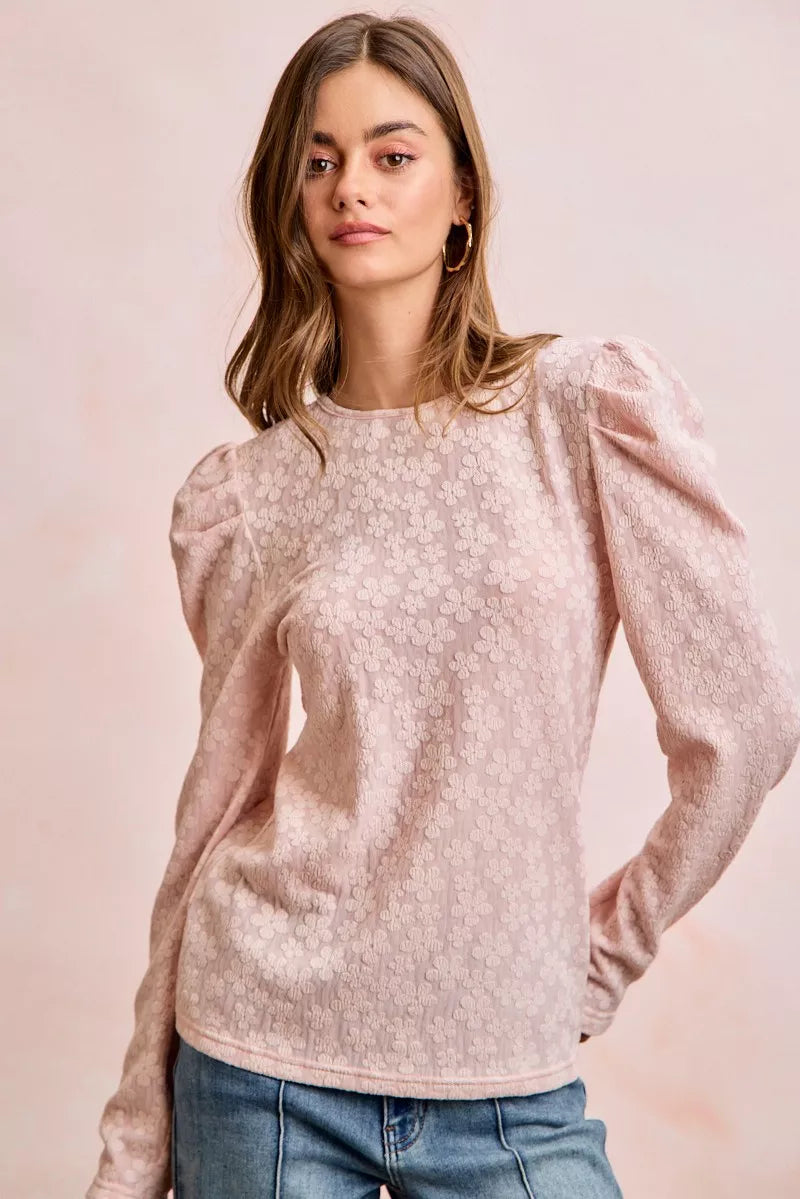 BiBi Textured Flower Knit Puff Shoulder Top
