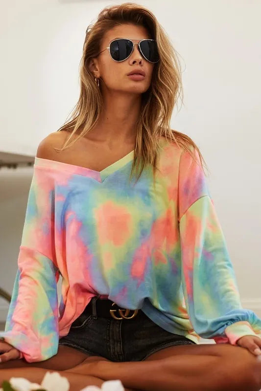BiBi Tie Dye French Terry V Neck Top