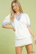 Umgee French Terry Ruffle Trim Puff Sleeve Top