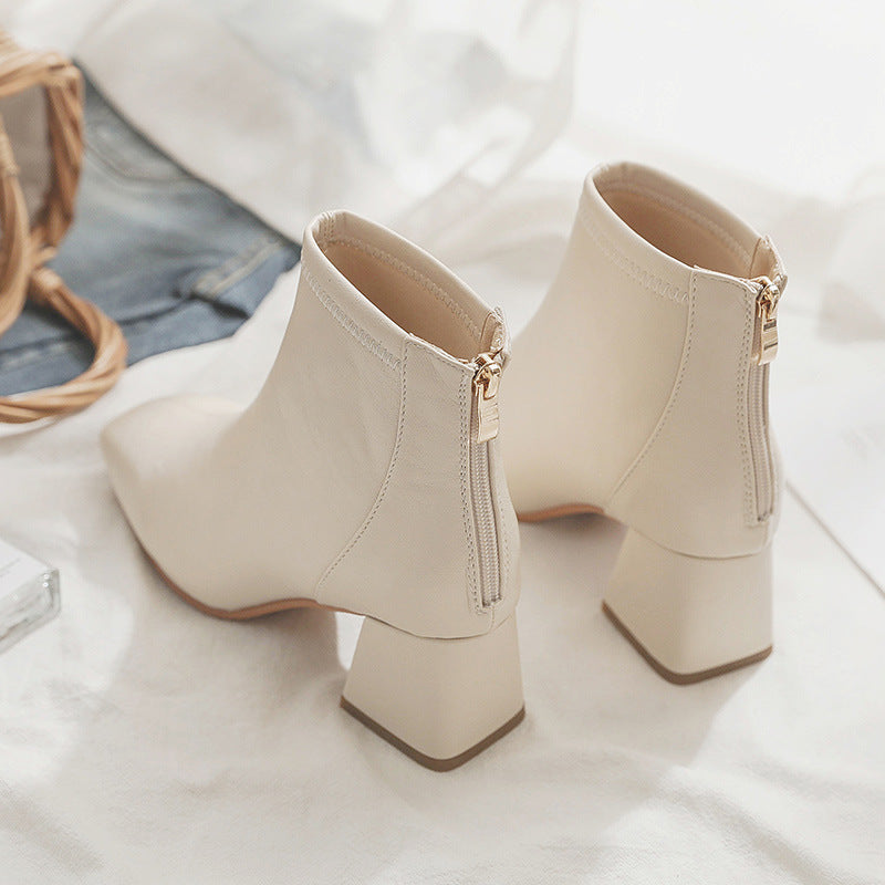 New Arrival White Chunky Heeled Ankle Boots for Women