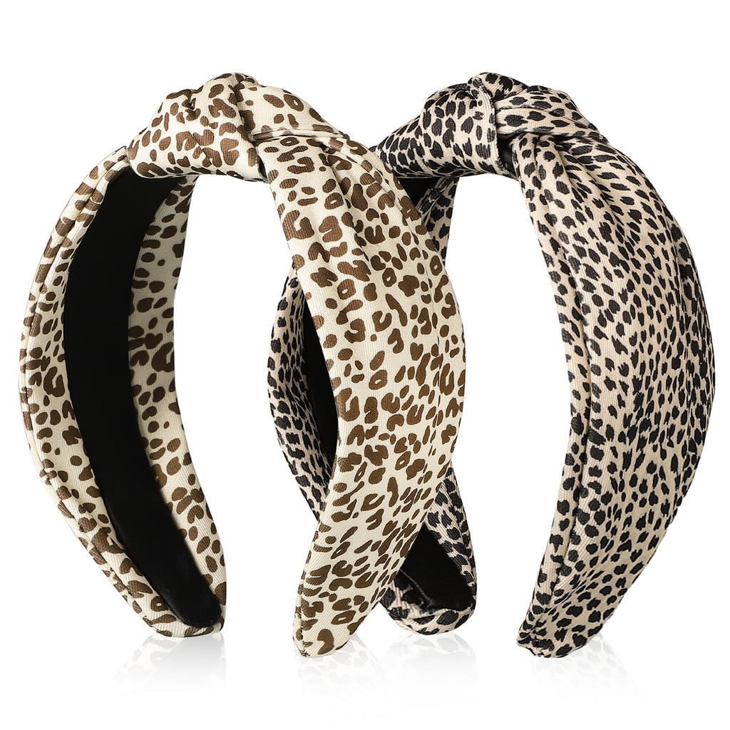 obeoby 2 Pack Knotted Headband for Women Leopard Print Wide Headbands Non Slip Hair Band Fashion Headband Hair Accessories