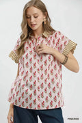 Umgee Block Print Button-Front Shirt with Contrast Stripe Point Collar