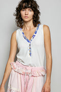 POL Ribbed V-Neck Tank with Contrast Floral Neckband