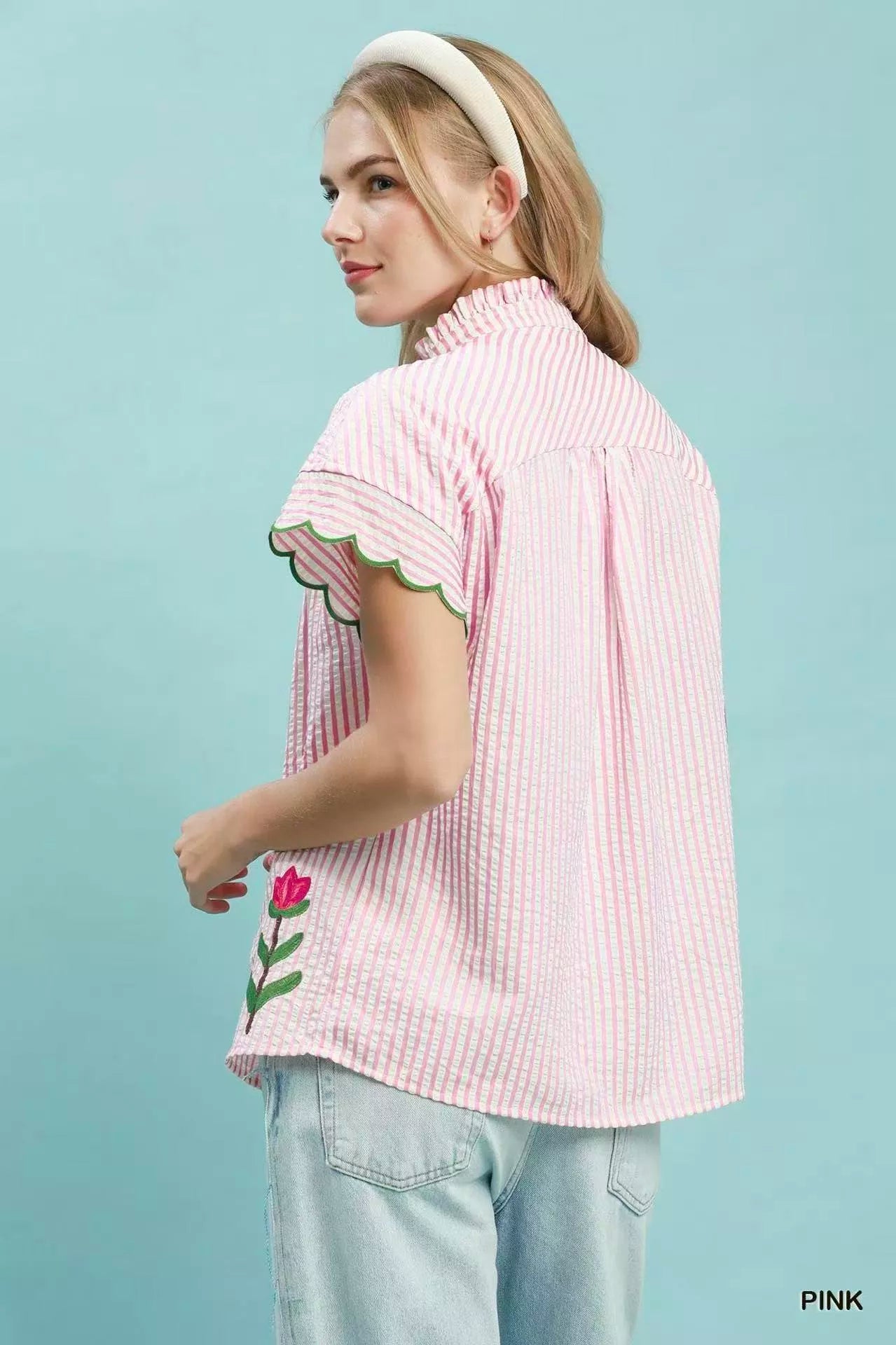 Umgee Embroidered Stripe Button Front Top