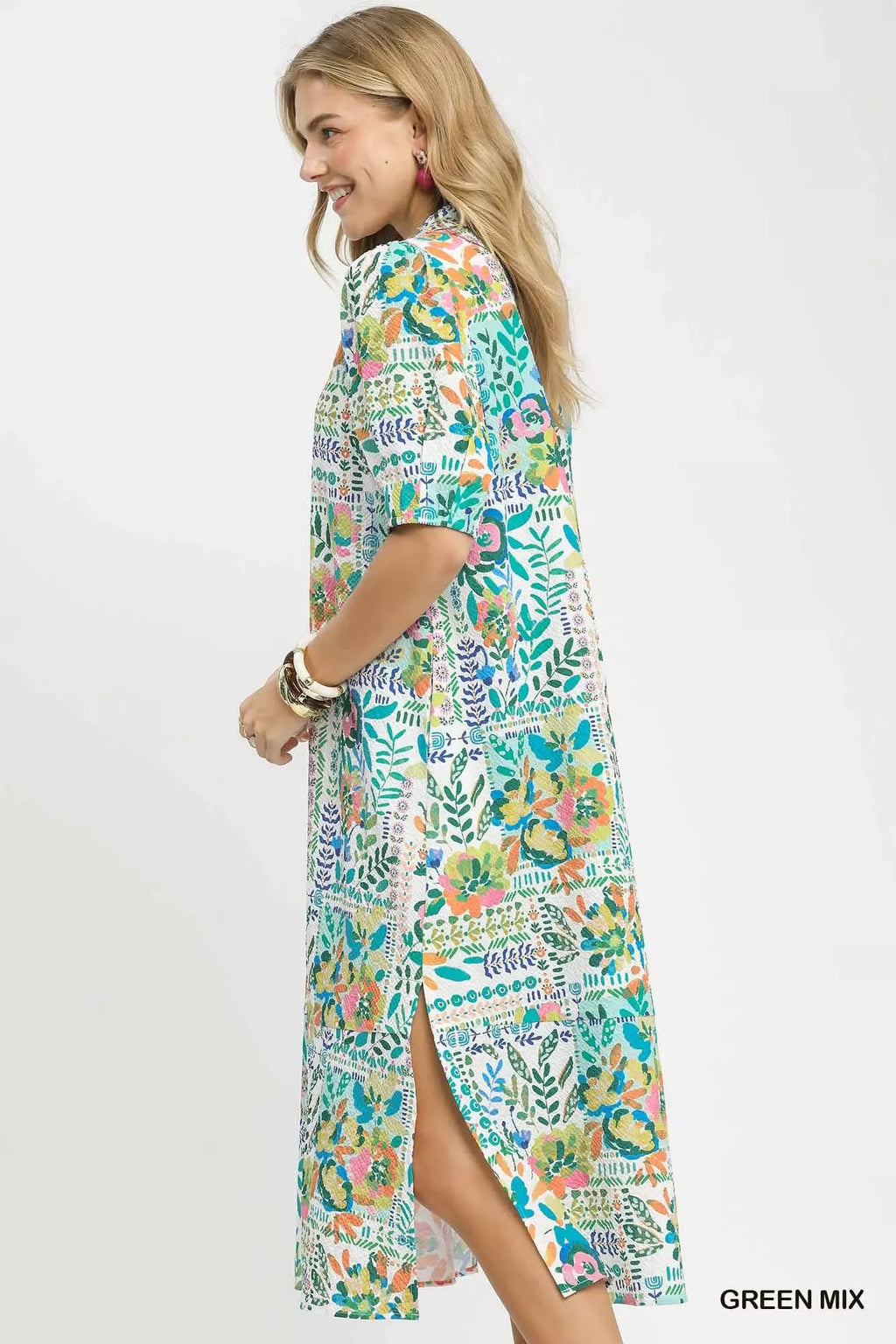 Umgee Folk Print Midi Dress with Side Pockets
