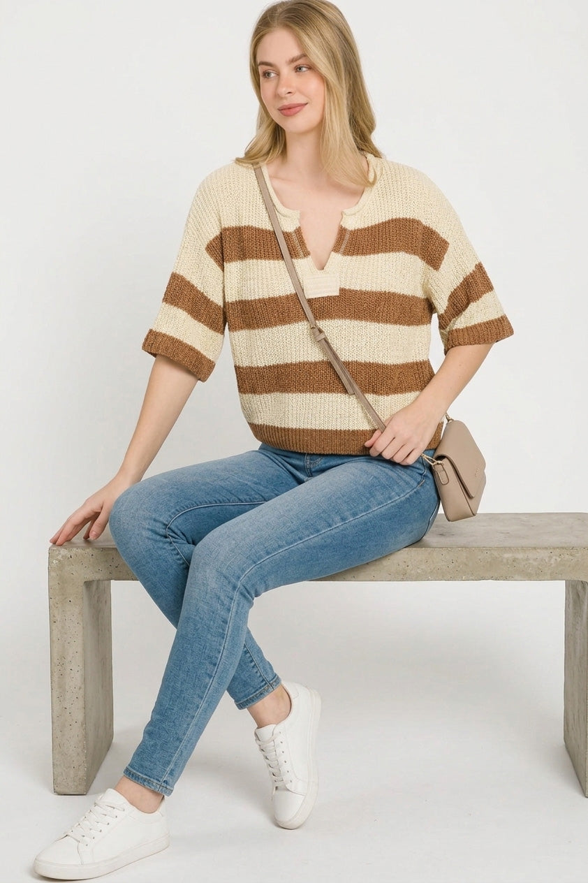 Zenana Split Neck Stripe Sweater