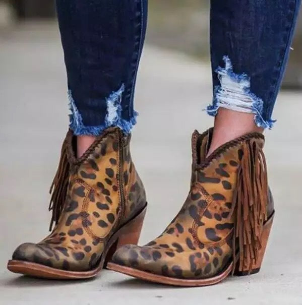 2019 New Chunky Heel Ankle Boots with Leopard Print