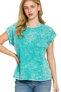 Zenana Full Size Crinkle Washed Round Neck Folded Short Sleeve Tee Plus Size